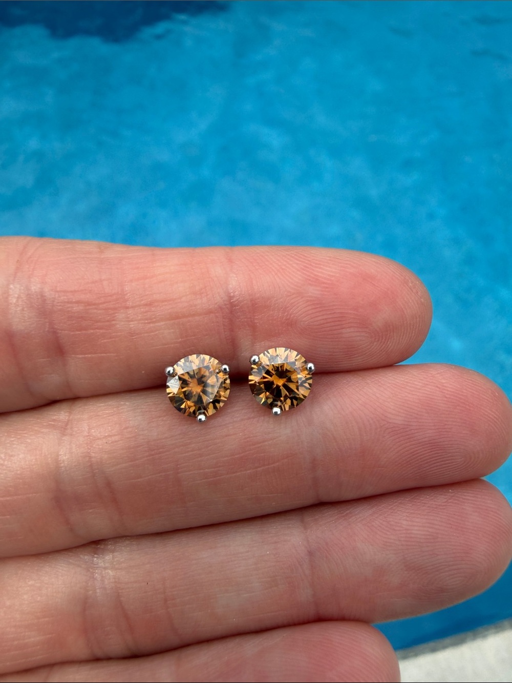 2 ctw Amber moissanite silver earrings.